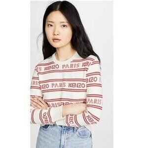 Kenzo Paris Logo Intarsia Knit Sweater S Red Beige Long Sleeve Pullover Designer